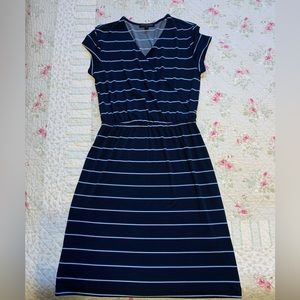Nice work dress navy blue with lighter blue stripes.
